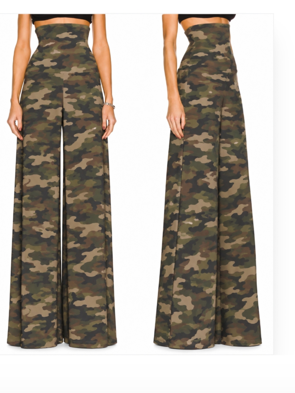 Norma Kamali Olive Camo High-Waist Elephant Leg Pants